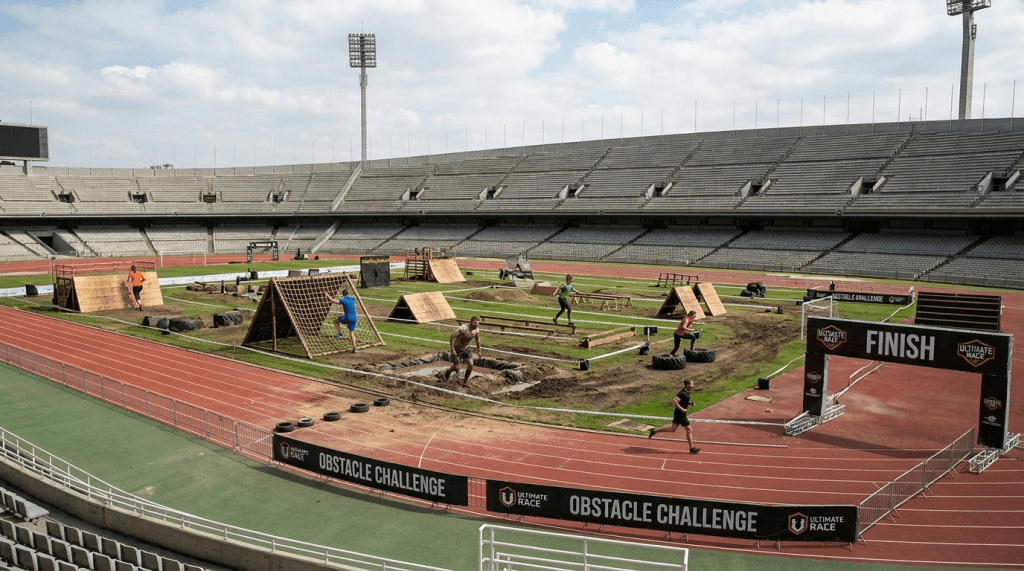 Obstacle challenge course with ramps, nets, tires, and finish line inside a stadium