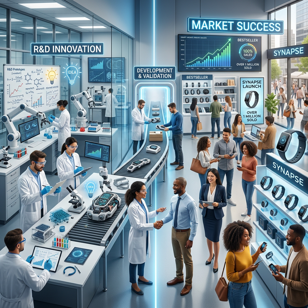 Laboratory research and development of smartwatches transitioning to product validation and market launch with customer interaction