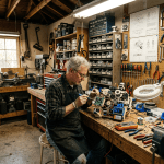 Man repairing electronic circuit board at workbench in workshop