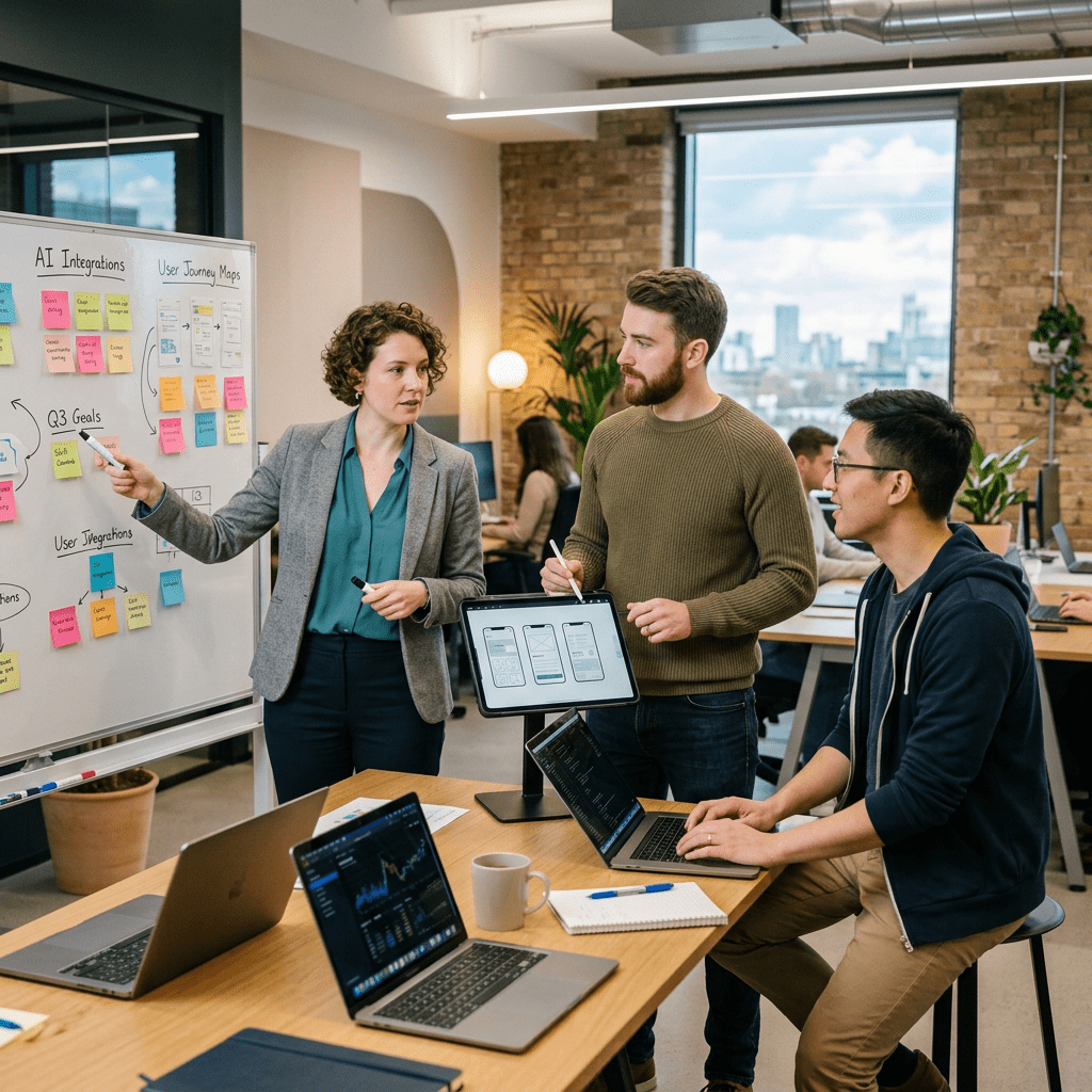 Three colleagues collaborating on AI integrations and user journey maps in an office meeting