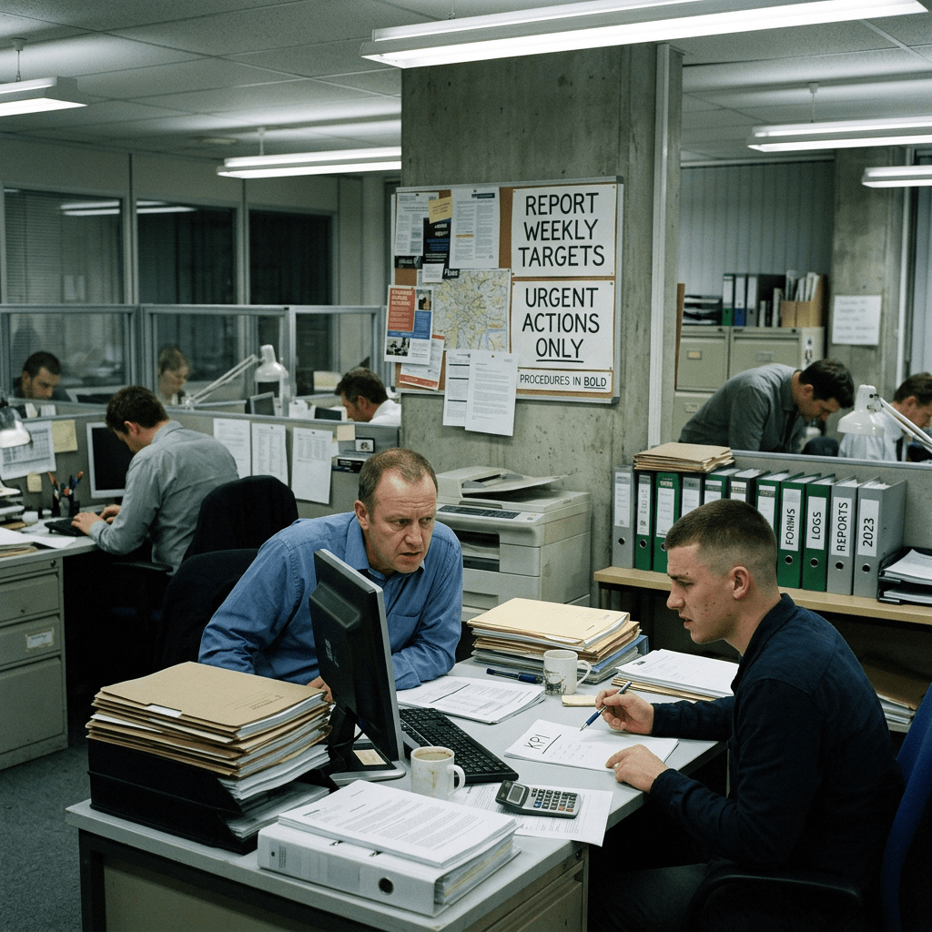Two men working collaboratively on documents and computer at office desk