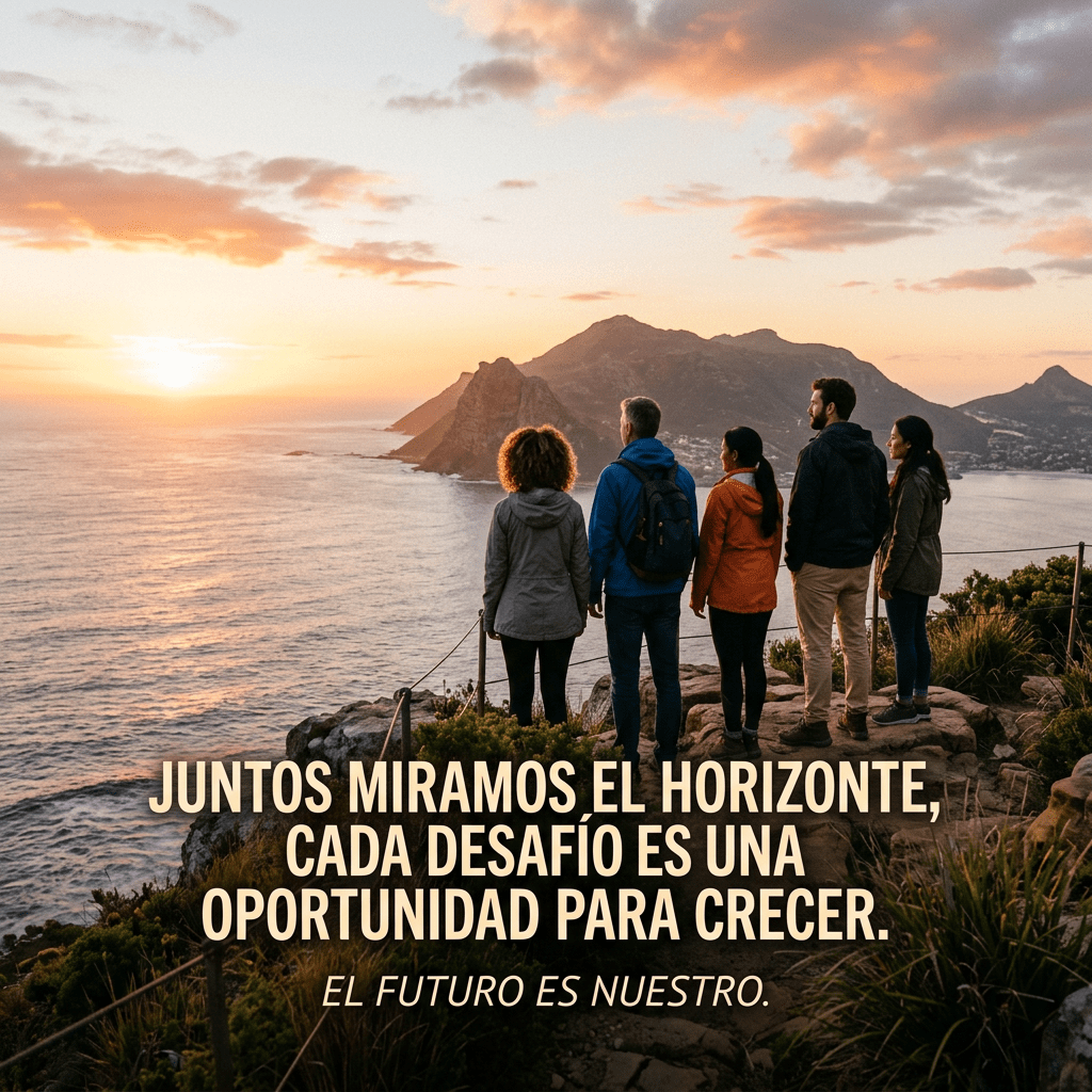 Five people standing on a cliff overlooking the ocean and mountains at sunset