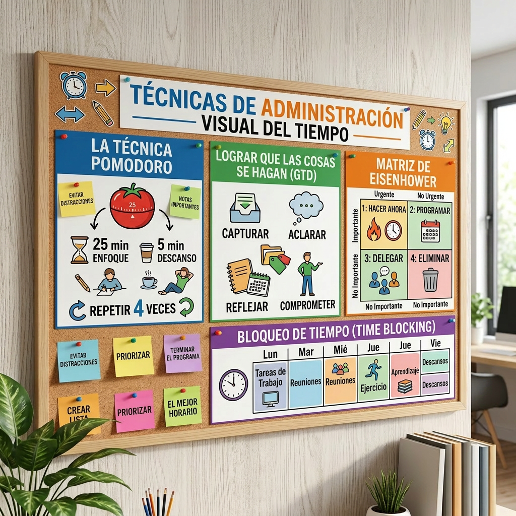 Colorful bulletin board showing Pomodoro technique, GTD method, Eisenhower matrix, and time blocking schedule.