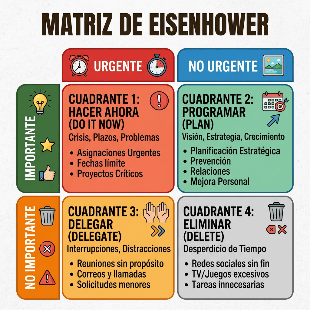 Eisenhower Matrix with four quadrants categorizing tasks by urgent and important status