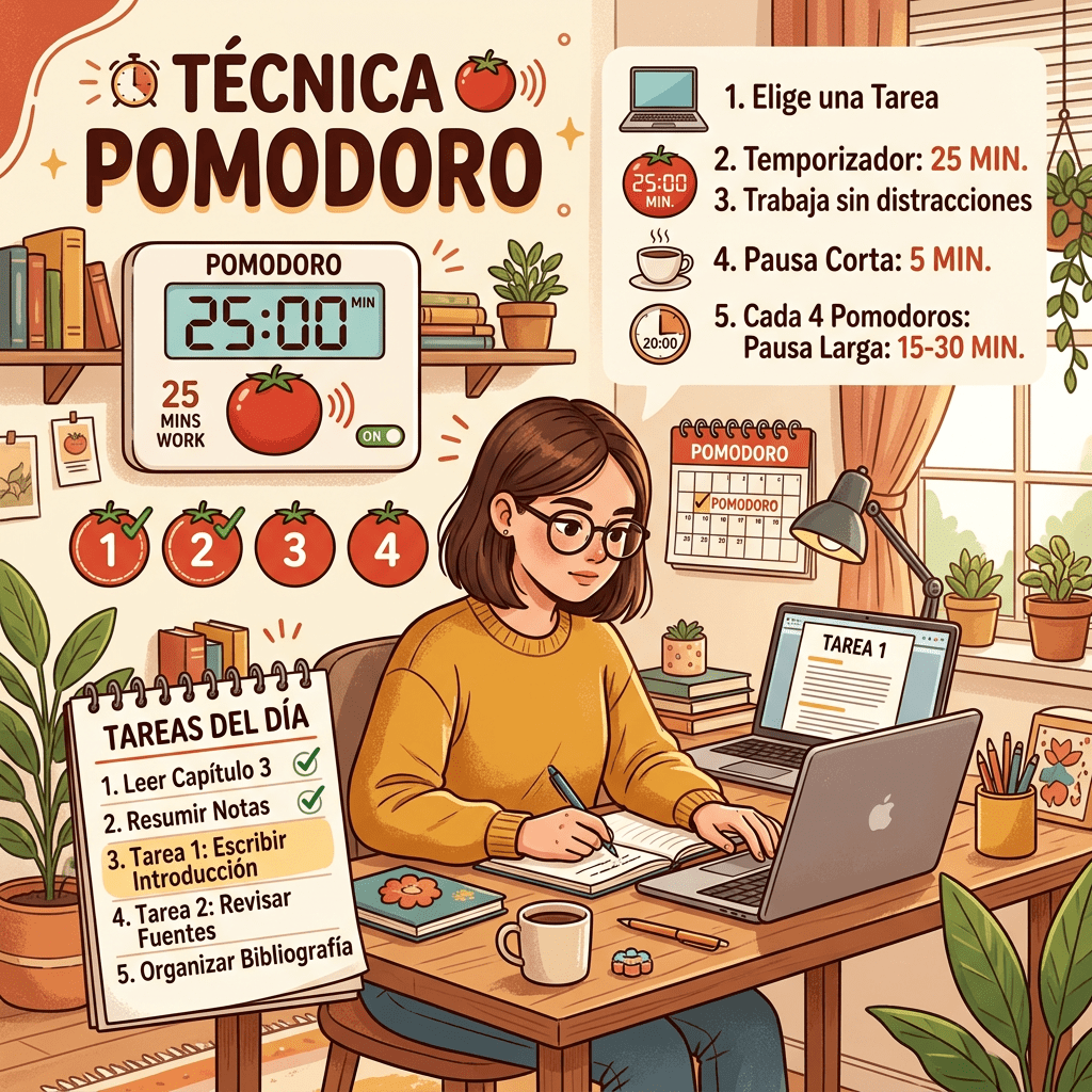 Illustration of a person studying with Pomodoro timer set for 25 minutes and a to-do list