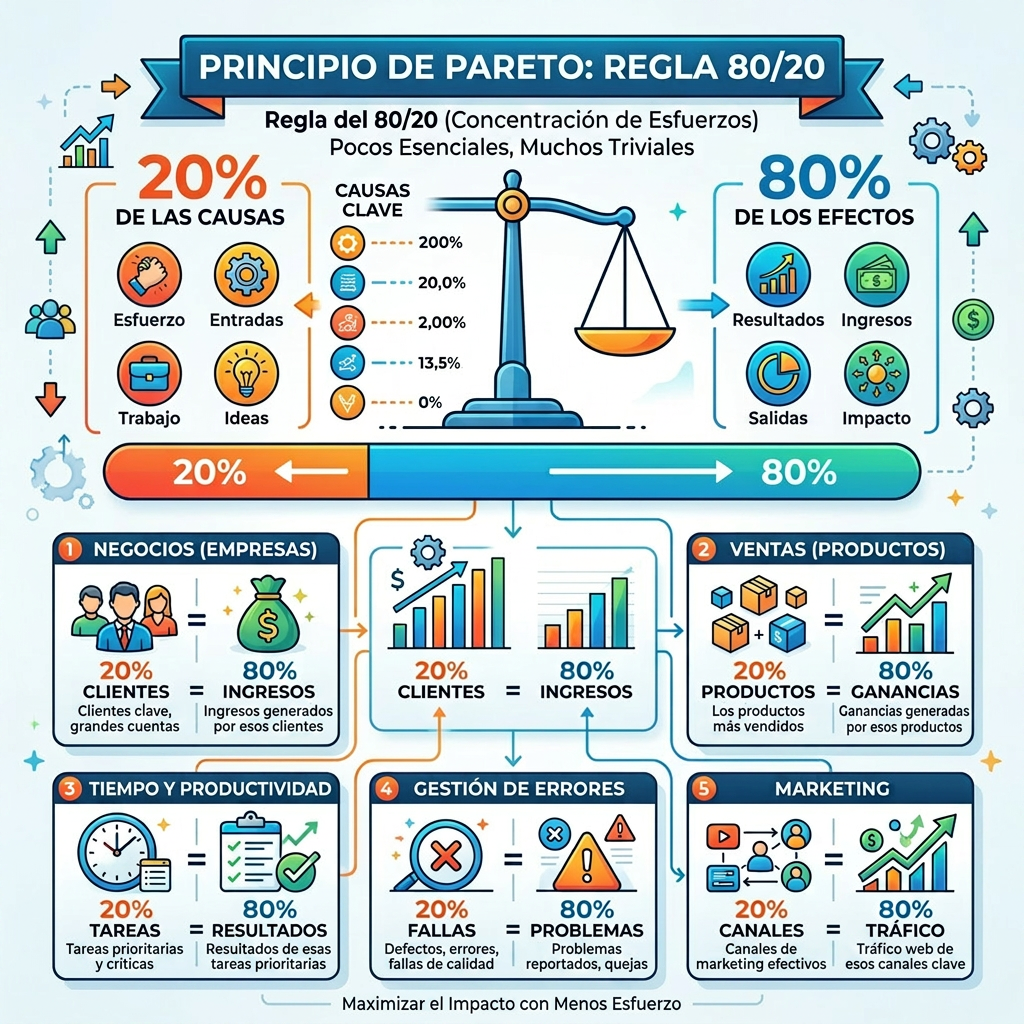 Infografía que ilustra la regla 80/20 del principio de Pareto mostrando que el 20% de las causas genera el 80% de los efectos en diferentes áreas como negocios, ventas, productividad, gestión de errores y marketing.