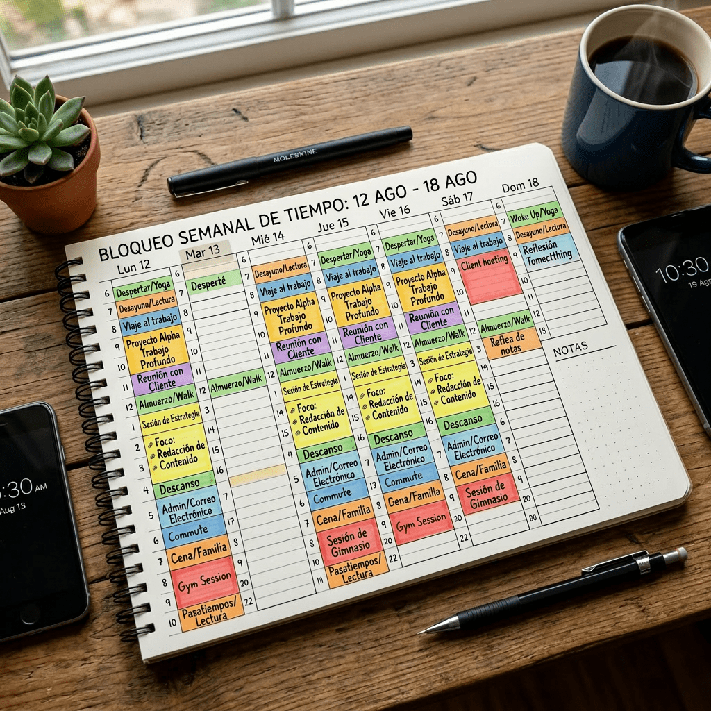 Weekly schedule from August 12 to 18 with color-coded time blocks for activities including work, meetings, exercise, meals, and personal time.