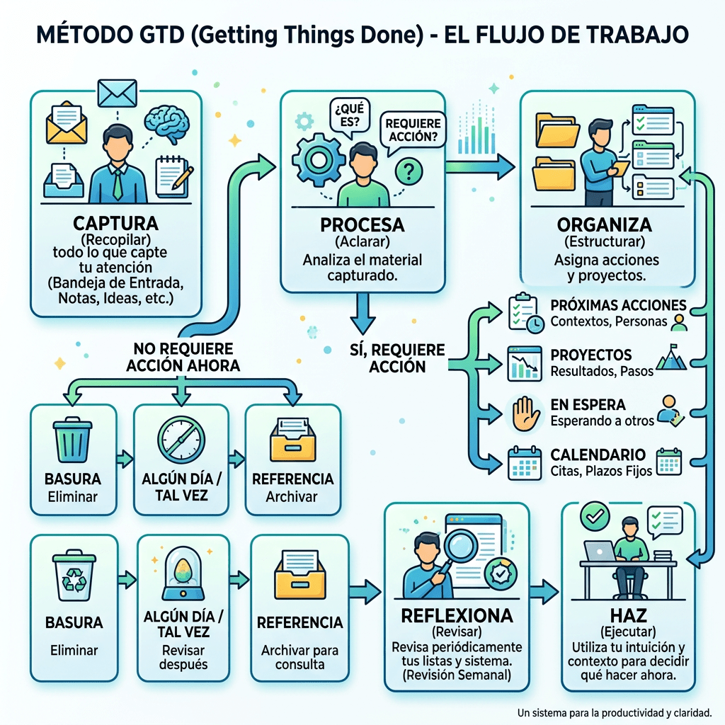 Diagrama del flujo de trabajo del método GTD mostrando captura, procesamiento, organización, reflexión y ejecución