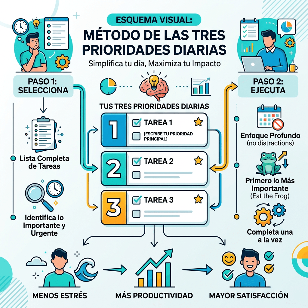 Esquema visual del método de las tres prioridades diarias con pasos para seleccionar y ejecutar tareas importantes.