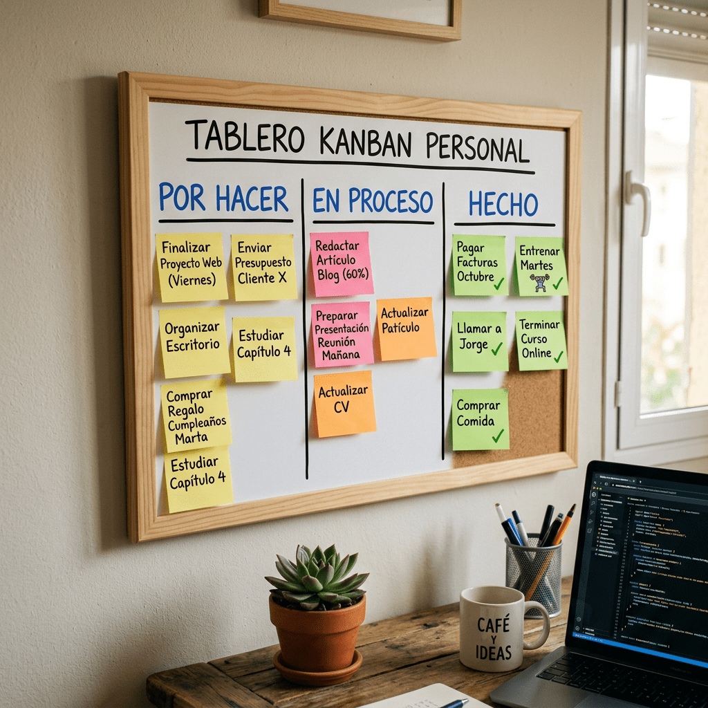 Personal Kanban board with tasks organized in columns labeled Por Hacer, En Proceso, and Hecho