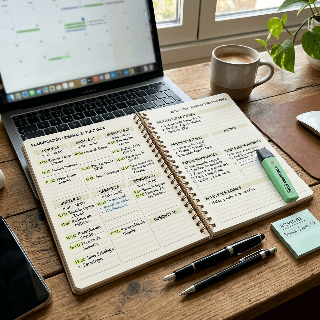 Open weekly strategic planner with detailed schedule and notes beside laptop and coffee cup