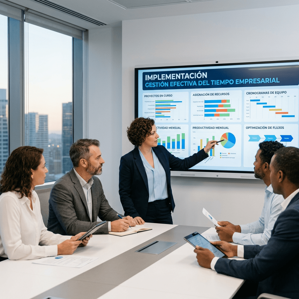 Businesswoman presenting time management charts to colleagues in a meeting room