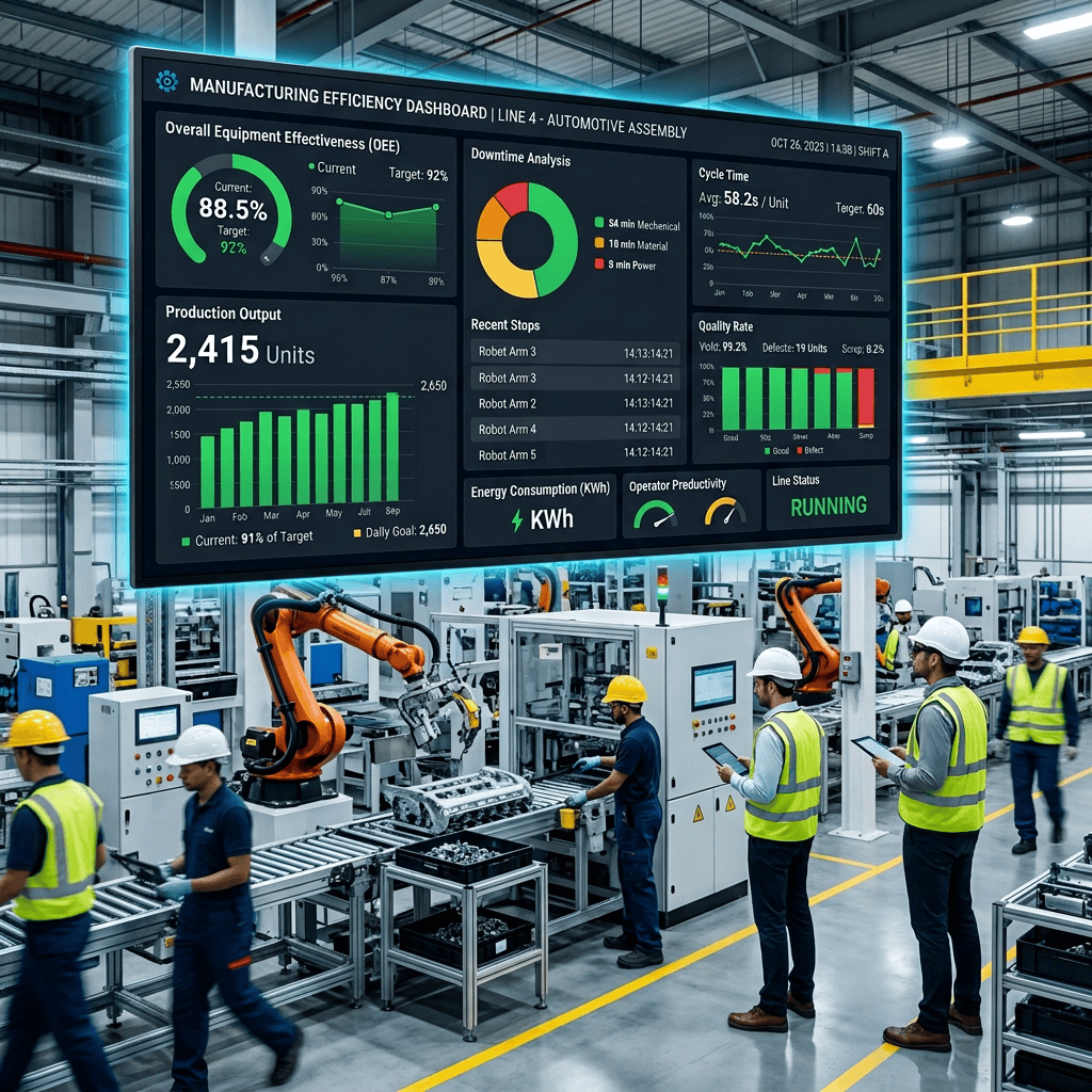 Manufacturing Efficiency Dashboard for Line 4 automotive assembly showing OEE 88.5%, 2,415 units, and line running