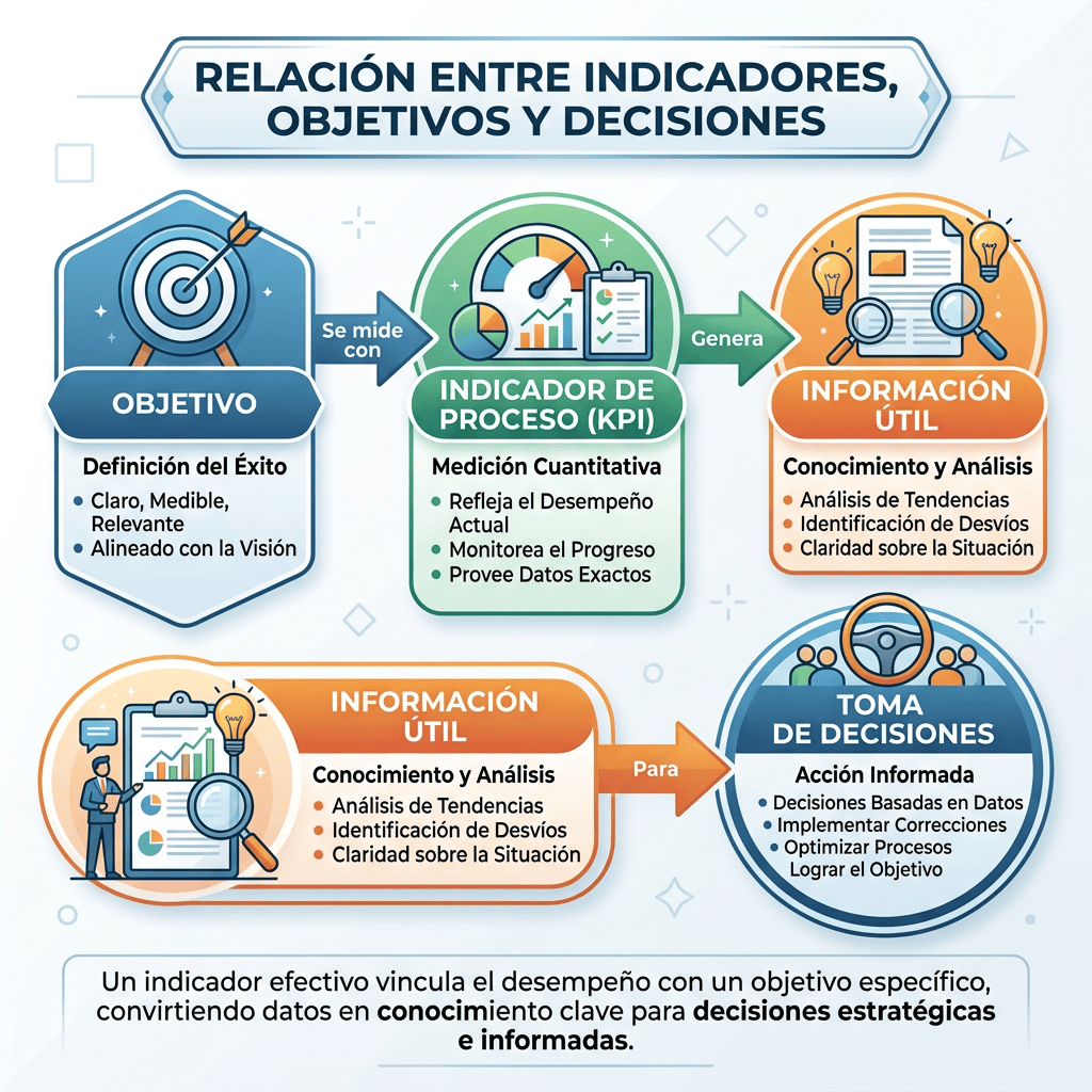 Infografía sobre objetivos, indicadores KPI, información útil y toma de decisiones