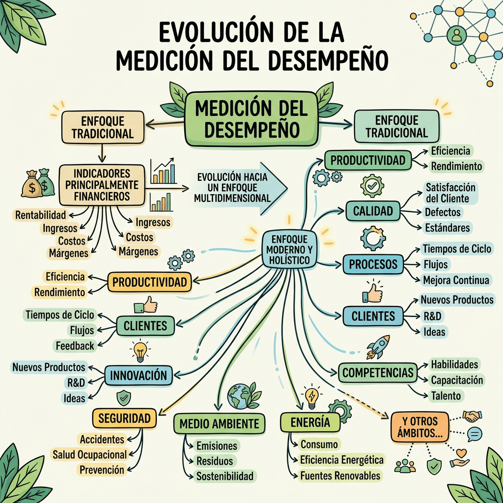 Infografía sobre la evolución de la medición del desempeño hacia un enfoque multidimensional