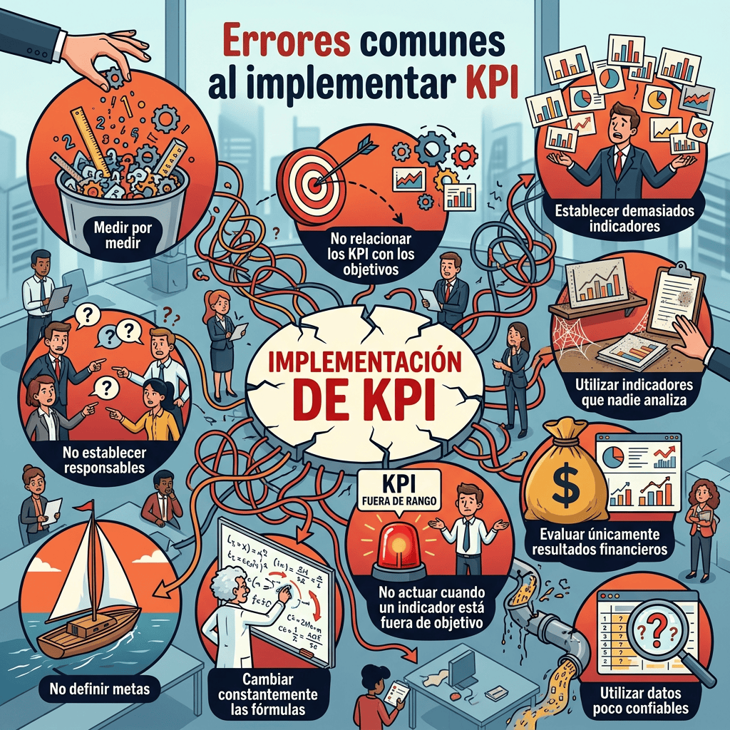 Infografía en español titulada "Errores comunes al implementar KPI", con ocho errores: medir por medir, no relacionar KPI con objetivos, establecer demasiados indicadores, utilizar indicadores que nadie analiza, no establecer responsables, evaluar únicamente resultados financieros, no definir metas, cambiar constantemente las fórmulas, no actuar cuando un indicador está fuera de objetivo y utilizar datos poco confiables.