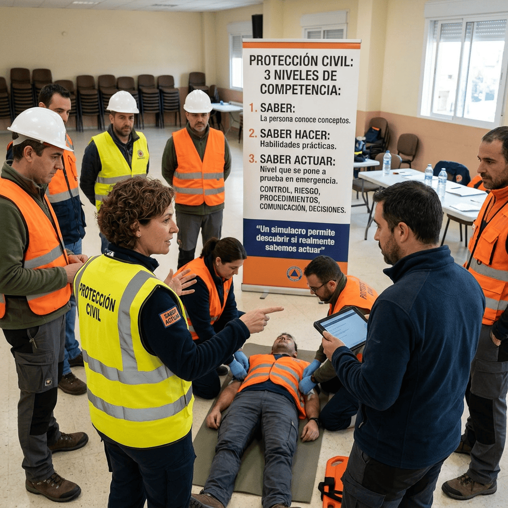 Civil protection trainees in safety vests assist a person during an emergency drill; poster reads “PROTECCIÓN CIVIL: 3 NIVELES DE COMPETENCIA: 1. SABER: La persona conoce conceptos. 2. SABER HACER: Habilidades prácticas. 3. SABER ACTUAR: Nivel que se pone a prueba en emergencia. CONTROL, RIESGO, PROCEDIMIENTOS, COMUNICACIÓN, DECISIONES. Un simulacro permite descubrir si realmente sabemos actuar.”