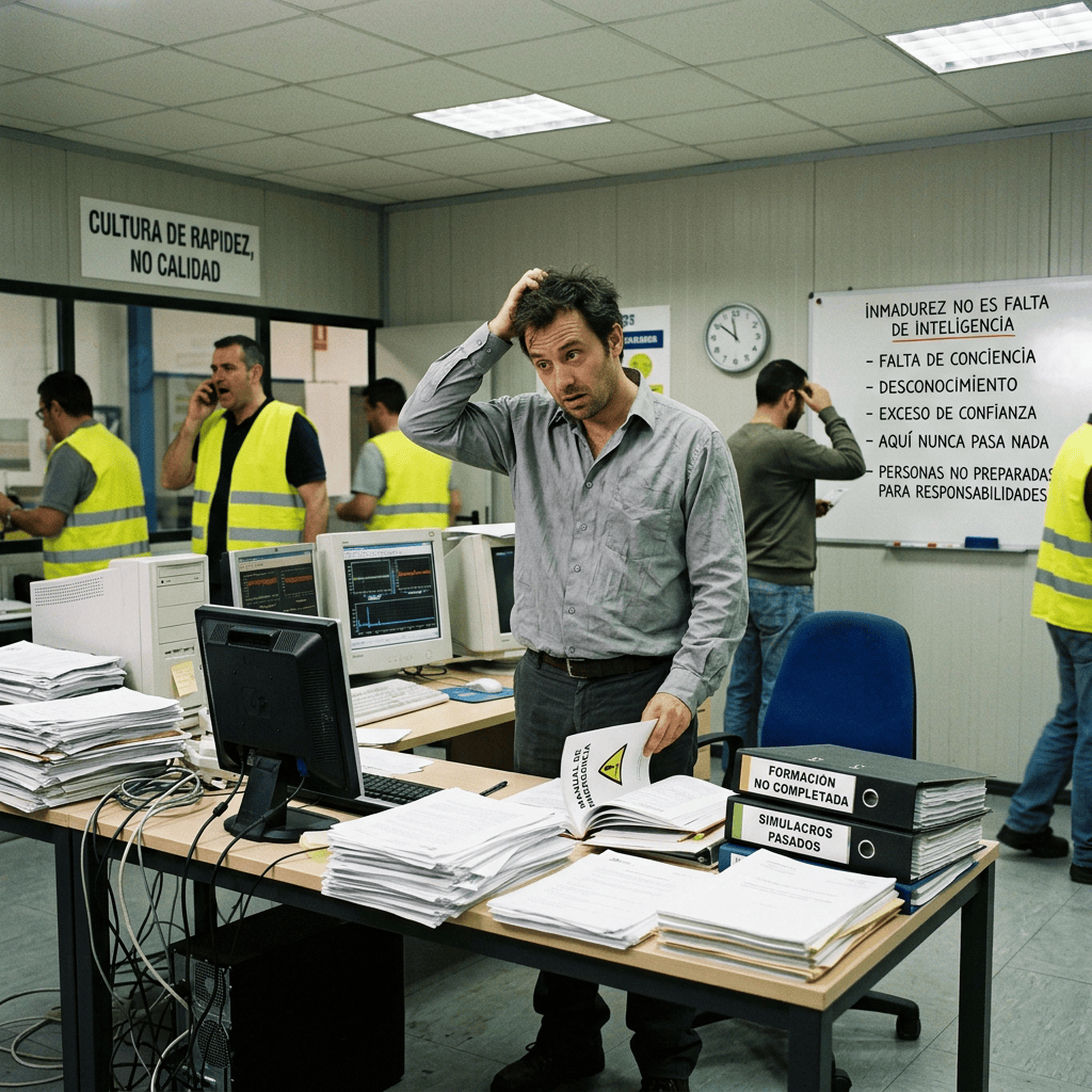 Overwhelmed worker amid paperwork, outdated computers, and signs about poor training